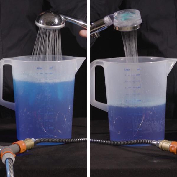 Comparație consum apă: cap de duș clasic vs. Aquadon EcoTornado cu debit redus.