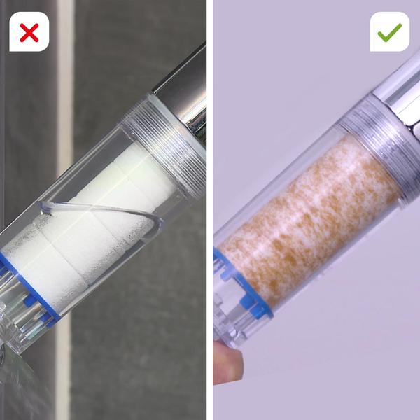 Comparație filtre: insert clasic vs. filtru mineral modern în capul de duș Aquadon EcoTornado.